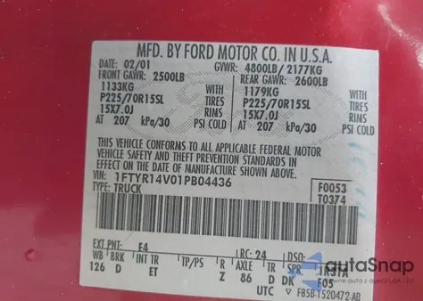 2001 Ford Ranger Edge/Xl/Xlt from USA, damaged, VIN 1FTYR14V01PB04436